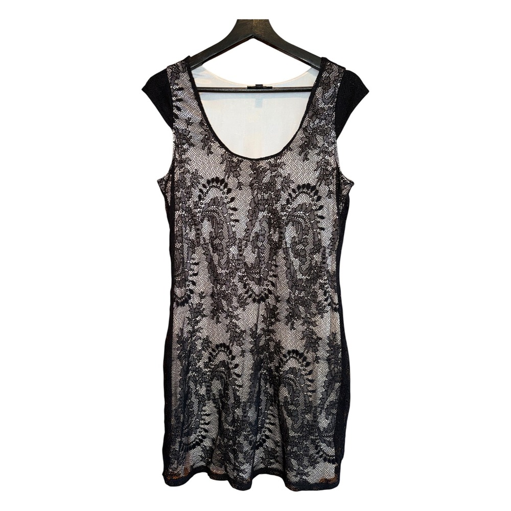 Express Black Lace Sheath Dress Sz L Nude Lining W/flaw Whimsigoth Dark Romantic